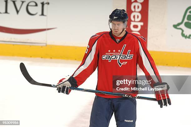 Eric Fehr of the Washington Capitals looks on during a NHL hockey game against the Atlanta Thrashers on April 1, 2010 at the Verizon Center in...