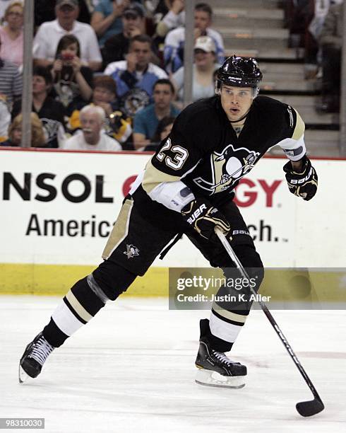 Alexei Ponikarovsky of the Pittsburgh Penguins skates against the Washington Capitals at Mellon Arena on April 6, 2010 in Pittsburgh, Pennsylvania....