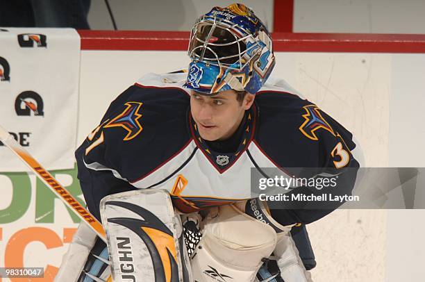 Ondrej Pavelec of the Atlanta Thrashers looks on during warm ups of a NHL hockey game against the Washington Capitals on April 1, 2010 at the Verizon...