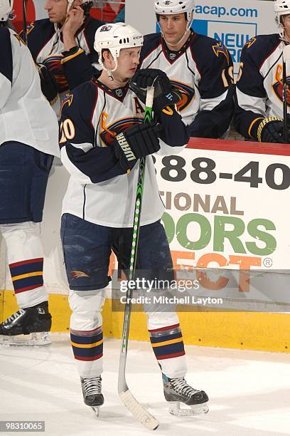 Colby Armstrong of the Atlanta Thrashers looks on during a NHL hockey game against the Washington Capitals on April 1, 2010 at the Verizon Center in...