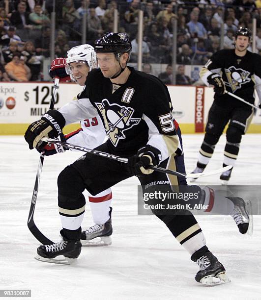 Sergei Gonchar of the Pittsburgh Penguins skates against the Washington Capitals at Mellon Arena on April 6, 2010 in Pittsburgh, Pennsylvania. The...