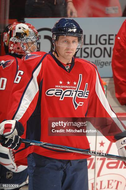 Eric Fehr of the Washington Capitals looks on during warm ups of a NHL hockey game against the Atlanta Thrashers on April 1, 2010 at the Verizon...