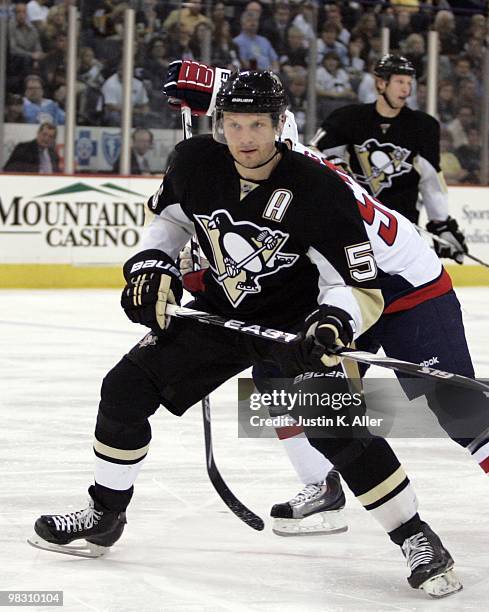 Sergei Gonchar of the Pittsburgh Penguins skates against the Washington Capitals at Mellon Arena on April 6, 2010 in Pittsburgh, Pennsylvania. The...