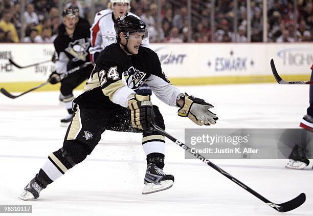 Matt Cooke of the Pittsburgh Penguins skates against the Washington Capitals at Mellon Arena on April 6, 2010 in Pittsburgh, Pennsylvania. The...