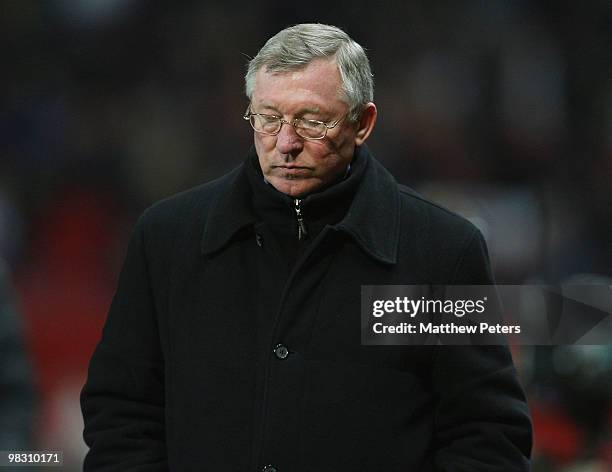 Sir Alex Ferguson of Manchester United walks off after the UEFA Champions League Quarter-Final Second Leg match between Manchester United and Bayern...