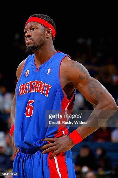 Ben Wallace of the Detroit Pistons looks across the court during the game against the Golden State Warriors on February 27, 2009 at Oracle Arena in...