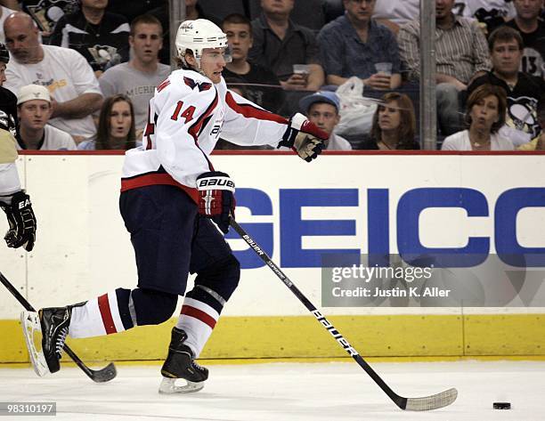 Tomas Fleischmann of the Washington Capitals skates the puck up ice against the Pittsburgh Penguins at Mellon Arena on April 6, 2010 in Pittsburgh,...