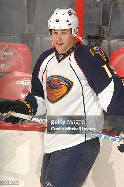 Marty Reasoner of the Atlant Thrashers looks on during warms ups of a NHL hockey game against the Washington Capitals on April 1, 2010 at the Verizon...