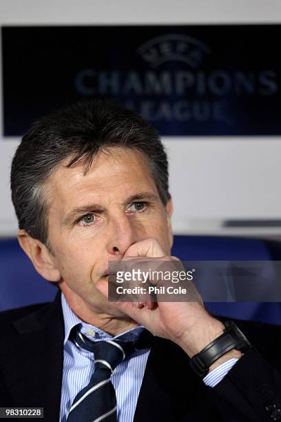 Claude Puel, Coach of Olympique Lyonnais, looks on during the UEFA Champions League quarter final second leg match between Bordeaux and Olympique...
