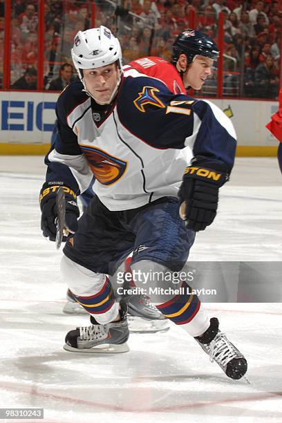 Marty Reasoner of the Atlanta Thrashers looks on during a NHL hockey game against the Washington Capitals on April 1, 2010 at the Verizon Center in...