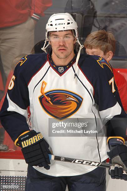 Evgeny Artukhin of the Atlant Thrashers looks on during warms ups of a NHL hockey game against the Washington Capitals on April 1, 2010 at the...