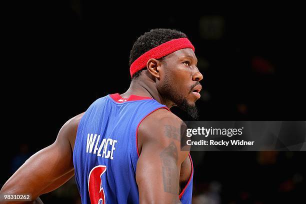 Ben Wallace of the Detroit Pistons looks across the court during the game against the Golden State Warriors on February 27, 2009 at Oracle Arena in...