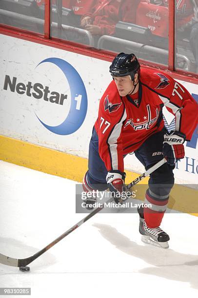 Joe Corvo of the Washington Capitals skates with the puck during a NHL hockey game against the Atlanta Thrashers on April 1, 2010 at the Verizon...