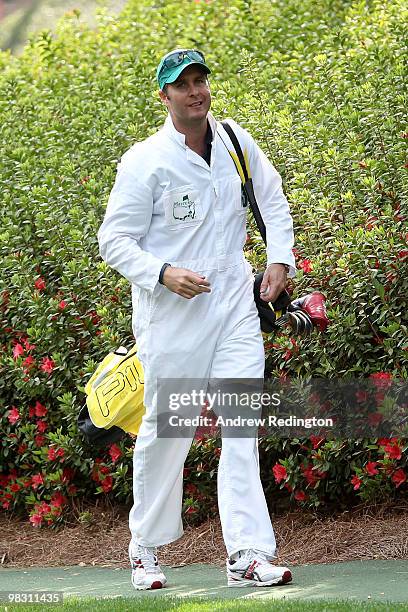 Lee Westwood's caddie Michael Vaughn, former England cricket captain during the Par 3 Contest prior to the 2010 Masters Tournament at Augusta...