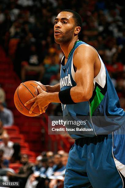 Wayne Ellington of the Minnesota Timberwolves looks to move the ball against the Miami Heat during the game on February 23, 2010 at American Airlines...