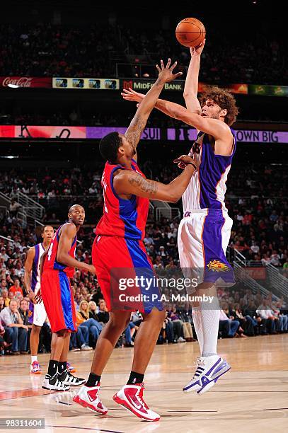 Robin Lopez of the Phoenix Suns shoots against DeAndre Jordan of the Los Angeles Clippers during the game on February 26, 2010 at U.S. Airways Center...