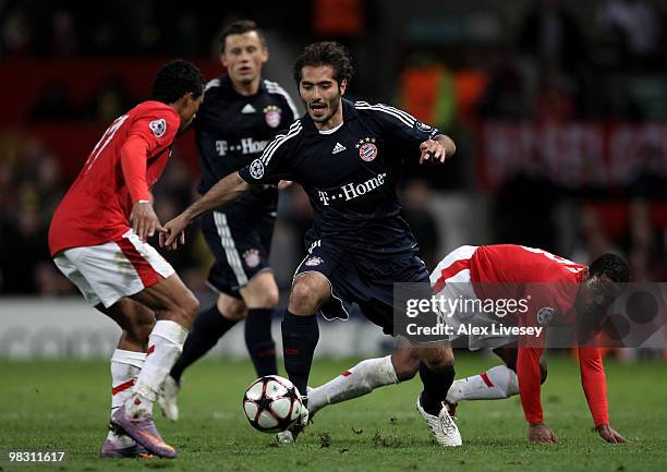 Hamit Altintop of Bayern Muenchen goes past Patrice Evra of Manchester United during the UEFA Champions League Quarter Final second leg match between...