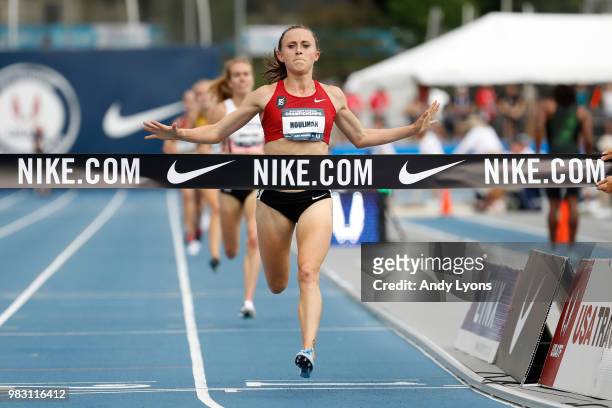 Shelby Houlihan runs to victory in the Womens 5,000 Meter Final during day 4 of the 2018 USATF Outdoor Championships at Drake Stadium on June 24,...