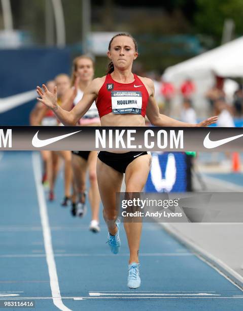 Shelby Houlihan runs to victory in the Womens 5,000 Meter Final during day 4 of the 2018 USATF Outdoor Championships at Drake Stadium on June 24,...