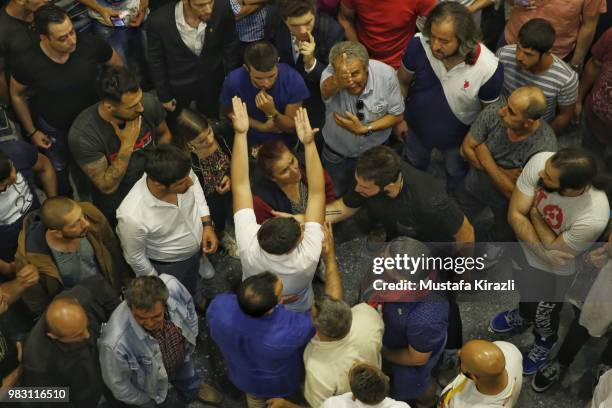 Supporters of Muharrem Ince discuss against results of the elections at Republican People's Party headquarters on June 25, 2018 in Ankara, Turkey....