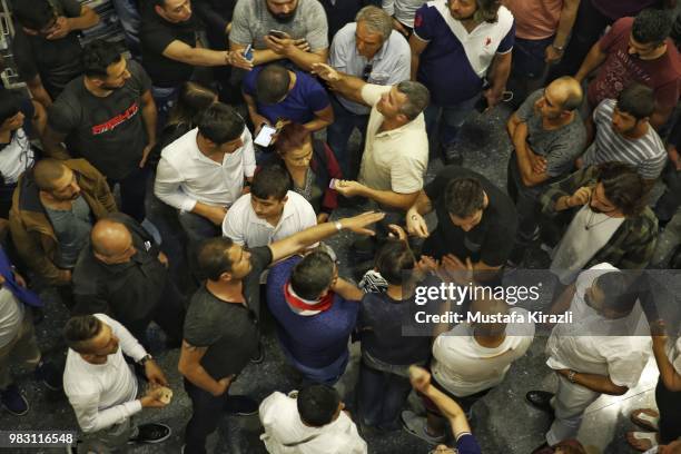 Supporters of Muharrem Ince discuss against results of the elections at Republican People's Party headquarters on June 25, 2018 in Ankara, Turkey....