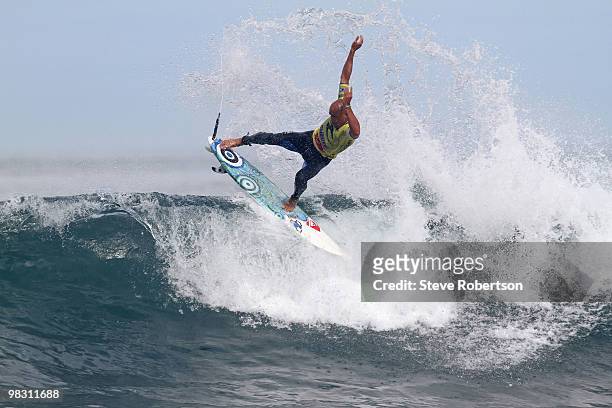 Kelly Slater of the USA surfing his round three heat on April 7, 2010 in Bells Beach, Australia.