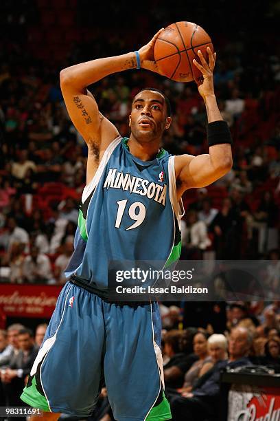 Wayne Ellington of the Minnesota Timberwolves looks to move the ball against the Miami Heat during the game on February 23, 2010 at American Airlines...