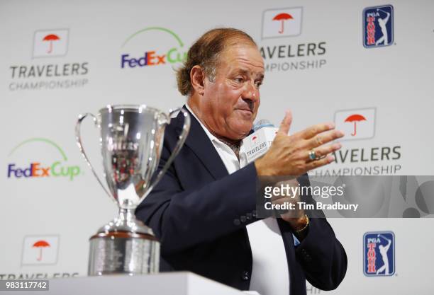 Anchor Chris Berman speaks during the trophy ceremony following the final round of the Travelers Championship at TPC River Highlands on June 24, 2018...