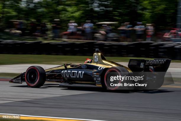 James Hinchcliffe, of Canada, drives the Honda IndyCar on the track during the Verizon IndyCar Series Kohler Grand Prix at Road America on June 24,...