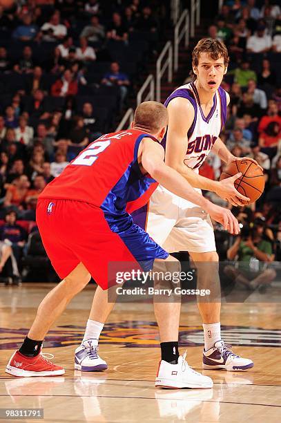Goran Dragic of the Phoenix Suns looks to move the ball against Steve Blake of the Los Angeles Clippers during the game on February 26, 2010 at U.S....