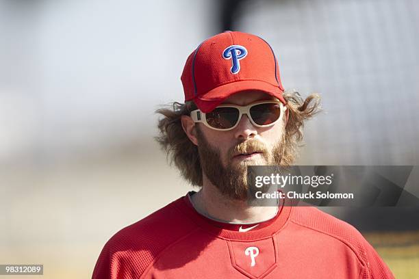 Closeup of Philadelphia Phillies Jayson Werth before during spring training game vs New York Yankees at Bright House Field. Clearwater, FL 3/4/2010...