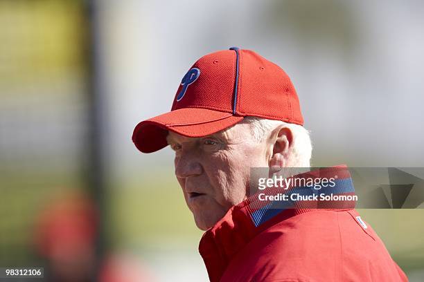 Closeup of Philadelphia Phillies manager Charlie Manuel before during spring training game vs New York Yankees at Bright House Field. Clearwater, FL...