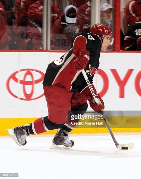 Matthew Lombardi of the Phoenix Coyotes skates up ice with the puck against the Edmonton Oilers on April 3, 2010 at Jobing.com Arena in Glendale,...