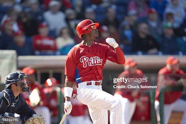 Closeup of Philadelphia Phillies Domonic Brown in action, at bat vs New York Yankees during spring training game at Bright House Field. Clearwater,...