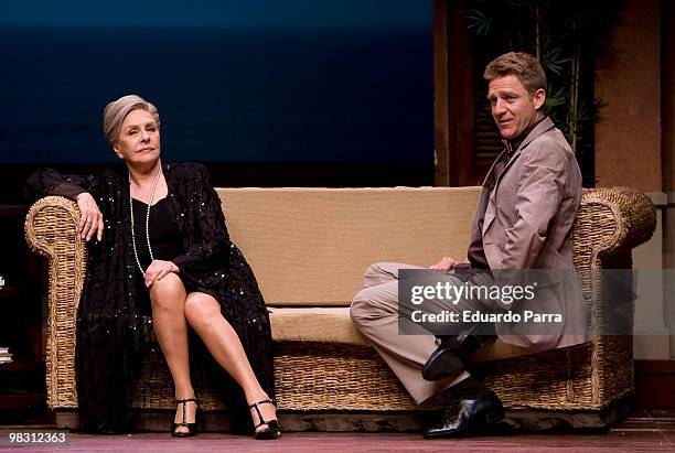 Actor Juanjo Artero and actress Lola Herrera rehearse for the play 'Seis clases de baile en seis semanas' at Bellas Artes Theatre on April 7, 2010 in...