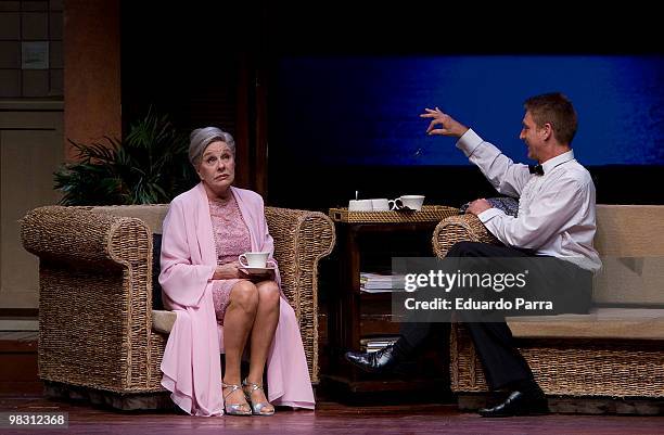 Actor Juanjo Artero and actress Lola Herrera rehearse for the play 'Seis clases de baile en seis semanas' at Bellas Artes Theatre on April 7, 2010 in...