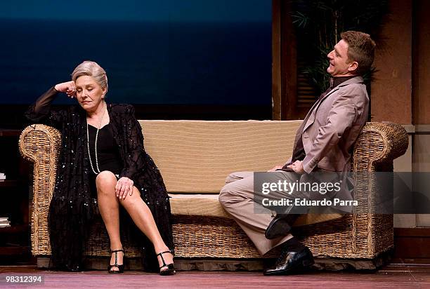 Actor Juanjo Artero and actress Lola Herrera rehearse for the play 'Seis clases de baile en seis semanas' at Bellas Artes Theatre on April 7, 2010 in...