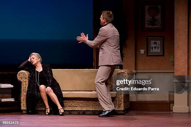 Actor Juanjo Artero and actress Lola Herrera rehearse for the play 'Seis clases de baile en seis semanas' at Bellas Artes Theatre on April 7, 2010 in...