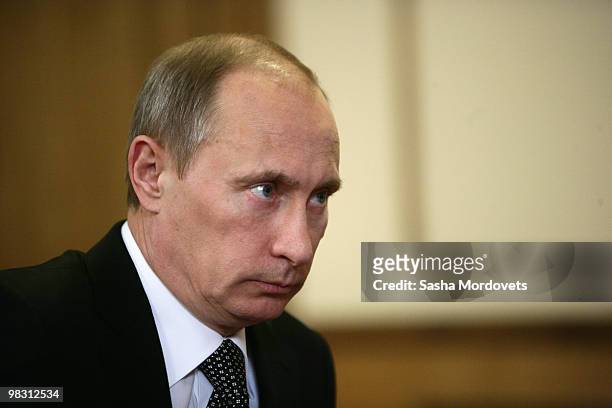 Russian Prime Minister Vladimir Putin attends a meeting with a local governor at the 70th anniversary of the Katyn massacre on April 7, 2010 in...