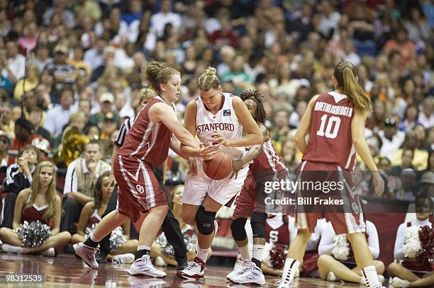 Final Four: Stanford Jayne Appel in action vs Oklahoma Joanna McFarland and Danielle Robinson . San Antonio, TX 4/4/2010 CREDIT: Bill Frakes