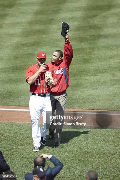 United States President Barack Obama with Washington Nationals Ryan Zimmerman during first pitch opening day ceremonies before game vs Philadelphia...