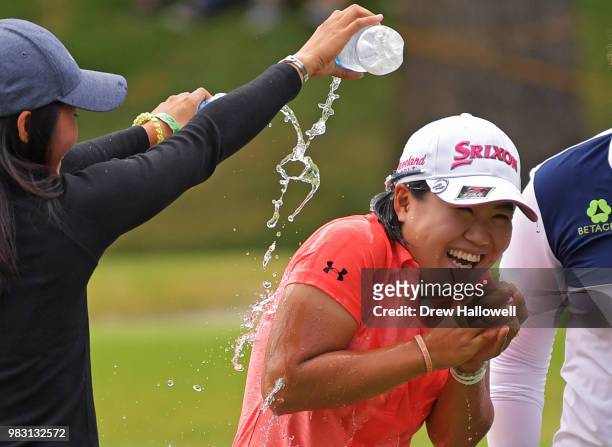 Nasa Hataoka of Japan gets doused with water after winning the Walmart NW Arkansas Championship Presented by P&G at Pinnacle Country Club on June 24,...