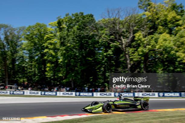 Charlie Kimball drives the Chevrolet IndyCar on the track during the Verizon IndyCar Series Kohler Grand Prix at Road America on June 24, 2018 in...