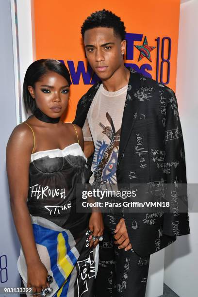 Ryan Destiny and Keith Powers attend the 2018 BET Awards at Microsoft Theater on June 24, 2018 in Los Angeles, California.