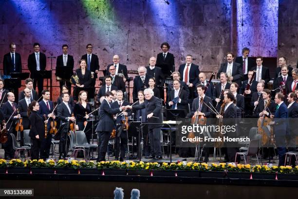 Berliner Philharmoniker with chief conductor Sir Simon Rattle perform live on stage during a concert at the Waldbuehne on June 24, 2018 in Berlin,...