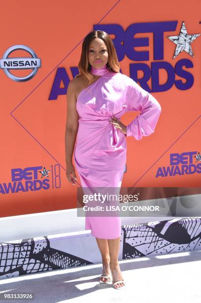 Garcelle Beauvais poses upon arrival for the BET Awards at Microsoft Theatre in Los Angeles, California, on June 24, 2018.