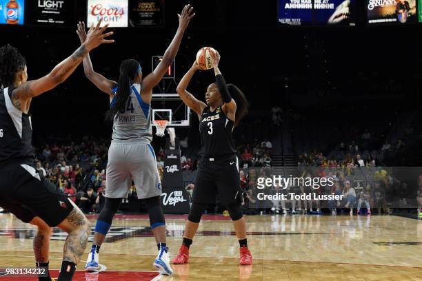 Kelsey Bone of the Las Vegas Aces handles the ball against the Minnesota Lynx on June 24, 2018 at the Mandalay Bay Events Center in Las Vegas,...