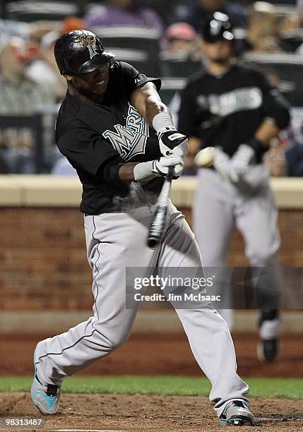 Hanley Ramirez of the Florida Marlins connects for a fifth inning home run against the New York Mets on April 7, 2010 at Citi Field in the Flushing...