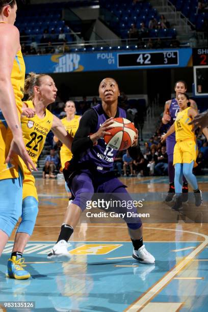 Briann January of the Phoenix Mercury handles the ball against the Chicago Sky on June 24, 2018 at the Allstate Arena in Rosemont, Illinois. NOTE TO...