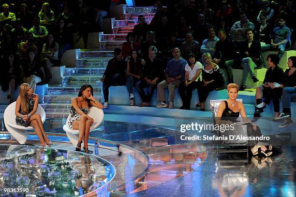 Presenter Simona Ventura, Claudia Galanti and Loredana Lecciso attend 'L'Isola Dei Famosi' Italian Tv Show held at Rai Studios on April 7, 2010 in...